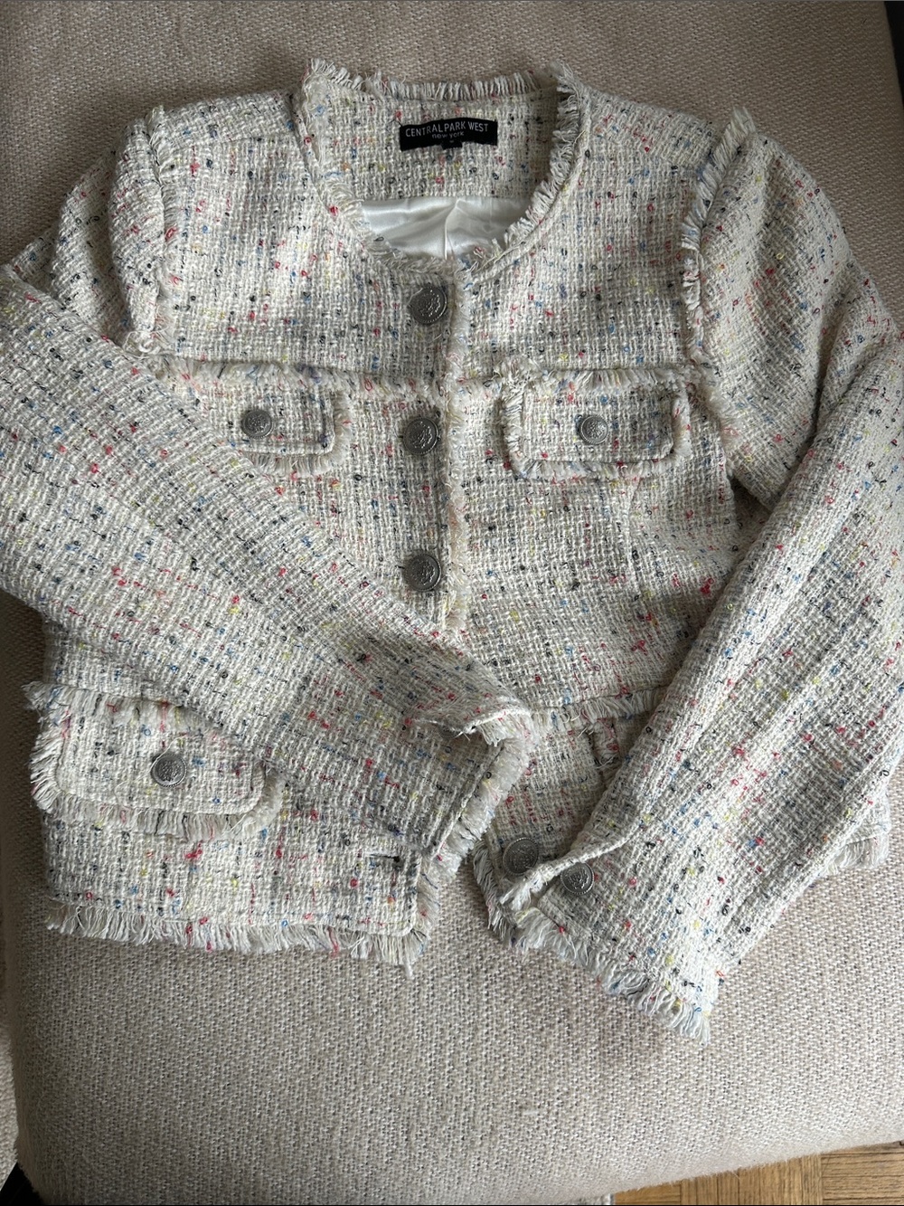 Central Park West Cream Tweed Jacket with Multicolor Speckle